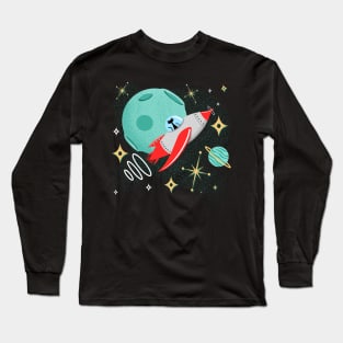 Atomic Rocket Cat Funny Mid-Century Modern Cat in Futuristic Spaceship Long Sleeve T-Shirt